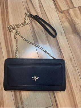 Vegan Bee Black Crossbody Wallet Clutch with Gold Chain
